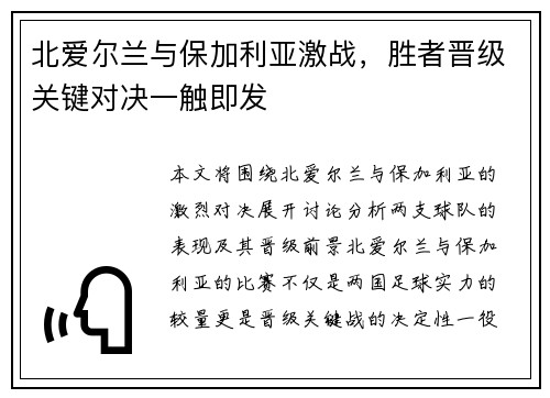 北爱尔兰与保加利亚激战，胜者晋级关键对决一触即发