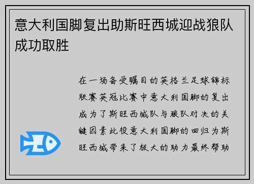 意大利国脚复出助斯旺西城迎战狼队成功取胜