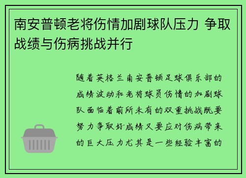 南安普顿老将伤情加剧球队压力 争取战绩与伤病挑战并行