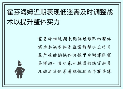 霍芬海姆近期表现低迷需及时调整战术以提升整体实力
