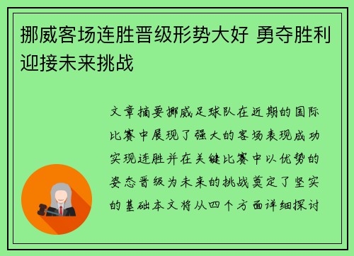 挪威客场连胜晋级形势大好 勇夺胜利迎接未来挑战