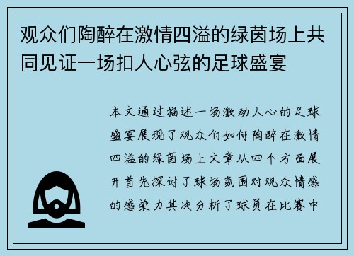 观众们陶醉在激情四溢的绿茵场上共同见证一场扣人心弦的足球盛宴