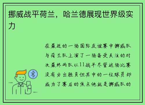 挪威战平荷兰，哈兰德展现世界级实力