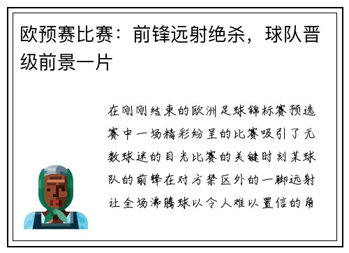 欧预赛比赛：前锋远射绝杀，球队晋级前景一片