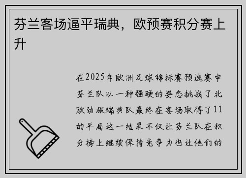 芬兰客场逼平瑞典，欧预赛积分赛上升