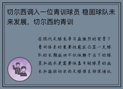 切尔西调入一位青训球员 稳固球队未来发展，切尔西的青训