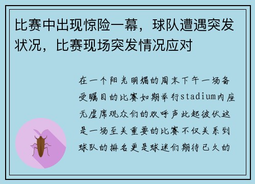 比赛中出现惊险一幕，球队遭遇突发状况，比赛现场突发情况应对