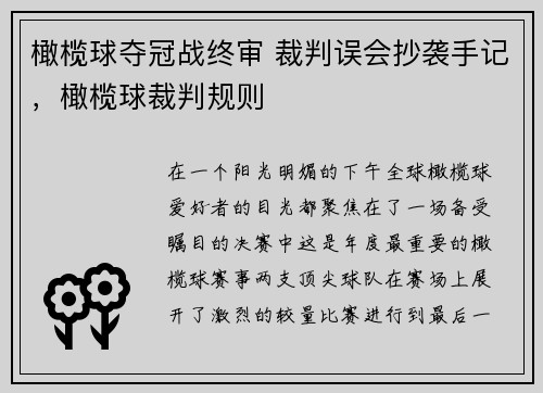 橄榄球夺冠战终审 裁判误会抄袭手记，橄榄球裁判规则