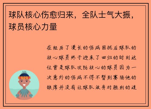 球队核心伤愈归来，全队士气大振，球员核心力量