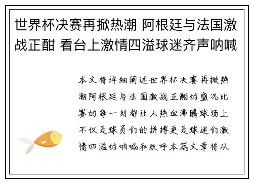 世界杯决赛再掀热潮 阿根廷与法国激战正酣 看台上激情四溢球迷齐声呐喊