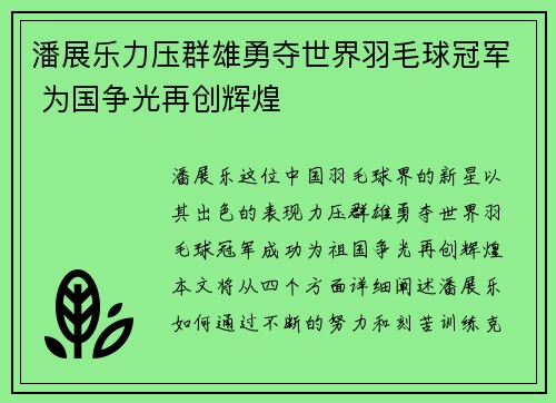 潘展乐力压群雄勇夺世界羽毛球冠军 为国争光再创辉煌